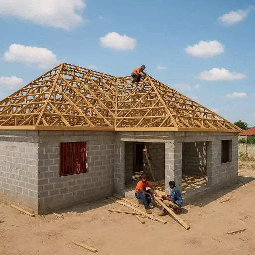House under construction with wooden roof frame and workers