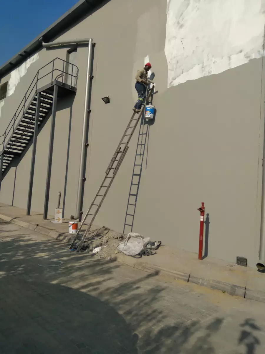 Painter on a ladder painting a grey exterior building wall