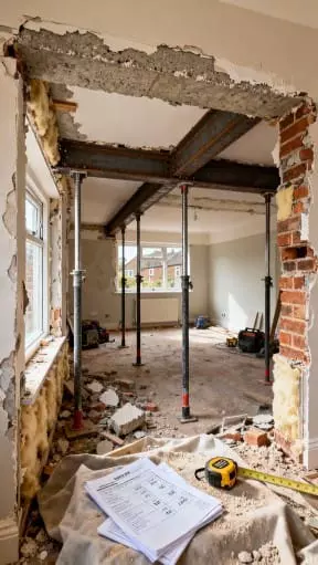 Home renovation and structural alterations with steel beams and props