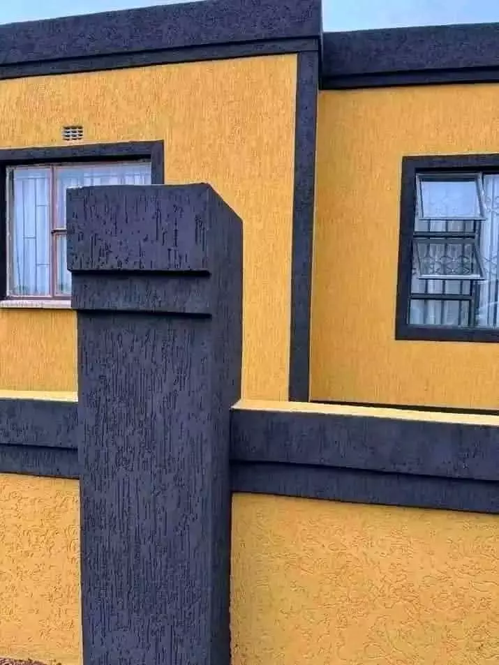 Exterior of a house with yellow and dark textured walls